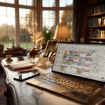 An open laptop, there's a digital planner with a detailed social media calendar