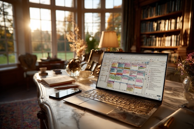 An open laptop, there's a digital planner with a detailed social media calendar